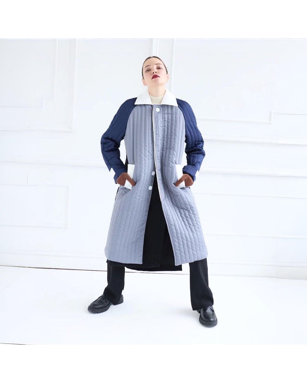 London Atelier Byproduct Blue Patchwork Colour Block Quilt Long Jacket