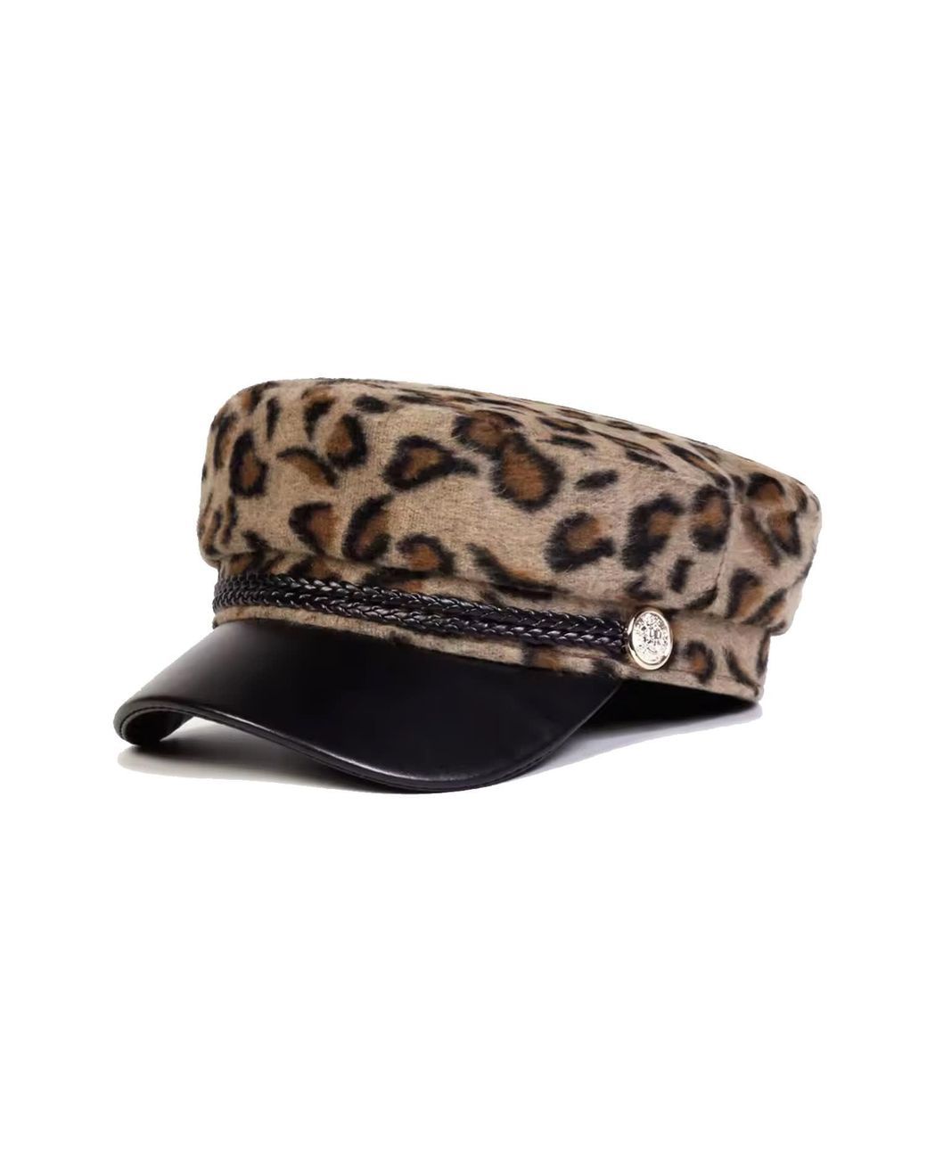 Chanel Joan Elkayam Brown Braided Trim Faux-Leather Front Leopard Print Baker Boy Hat
