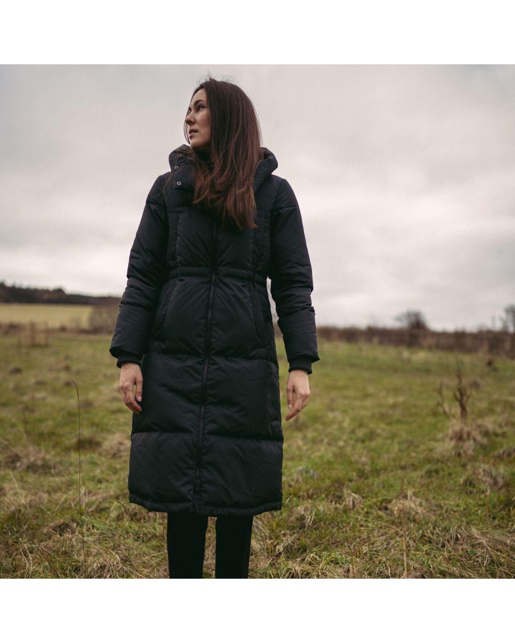 BEIRA Green Alexis Longline Padded Puffa Coat With Cowl Hood Midnight