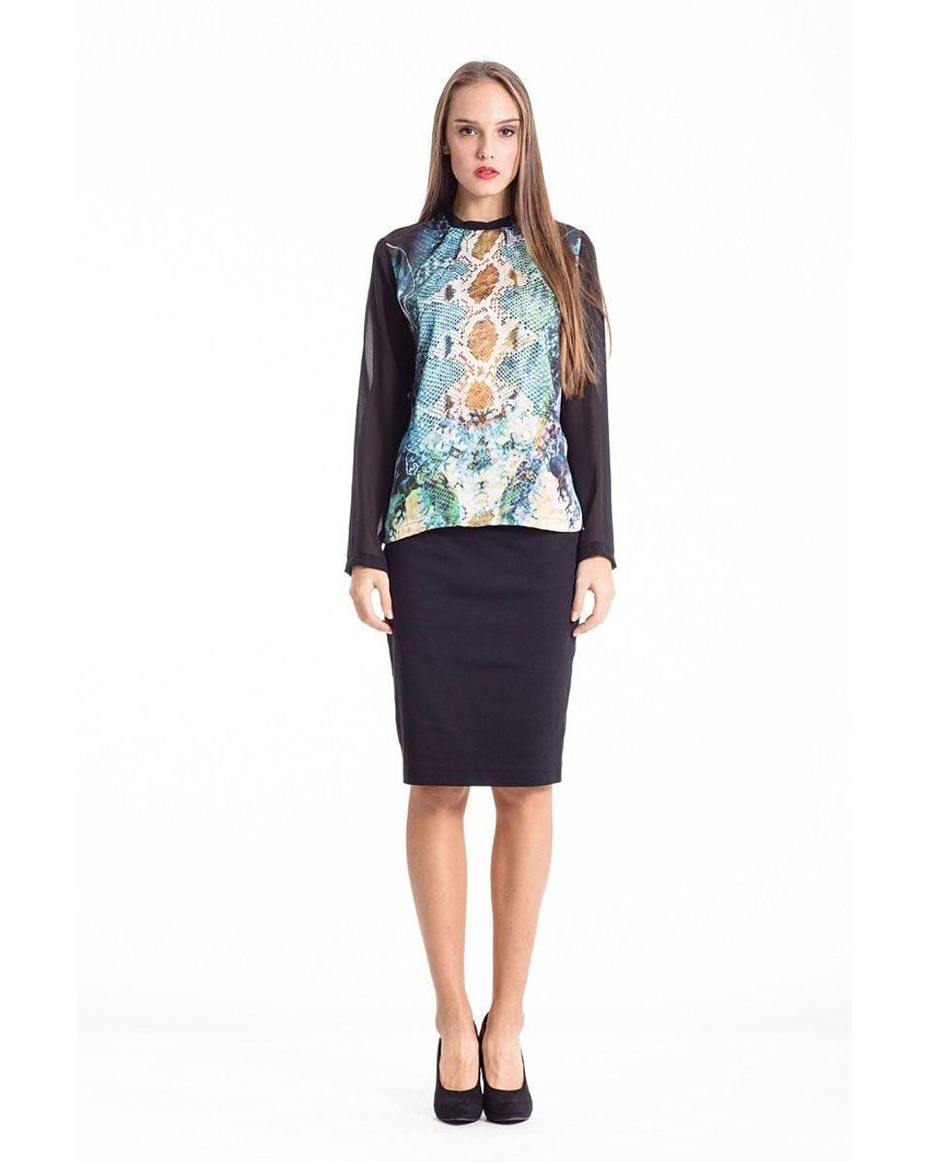 Conquista Green Print Top With Sheer Sleeves & Back