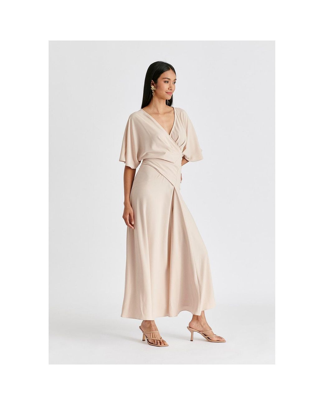 Paisie Natural Neutrals Flare Sleeves Maxi Wrap Dress