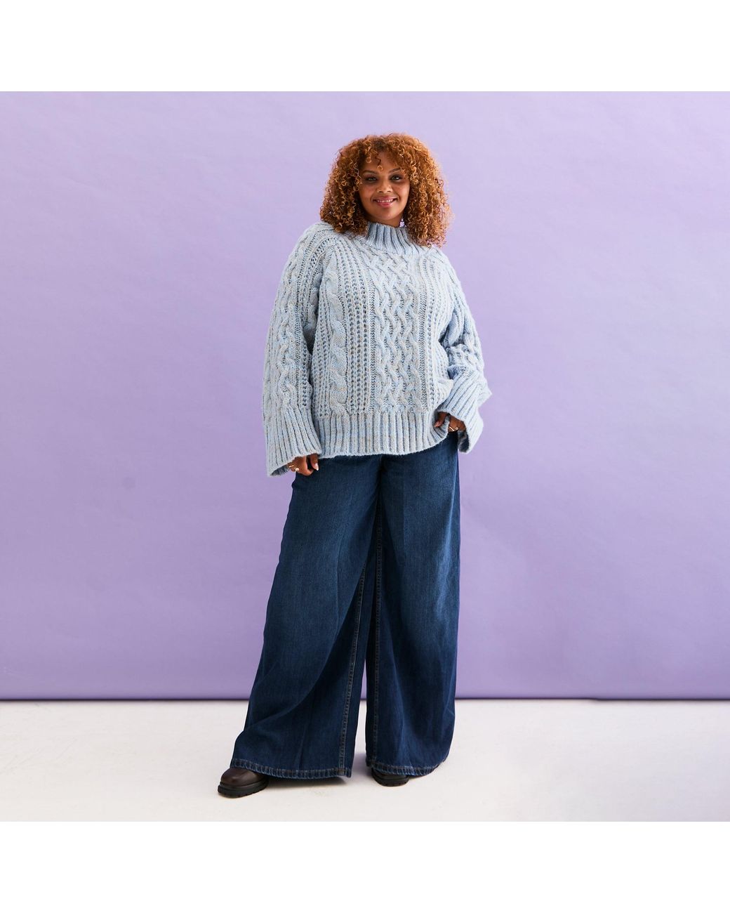 Cara & The Sky Blue Sarah High Neck Cable Wide Sleeve Jumper