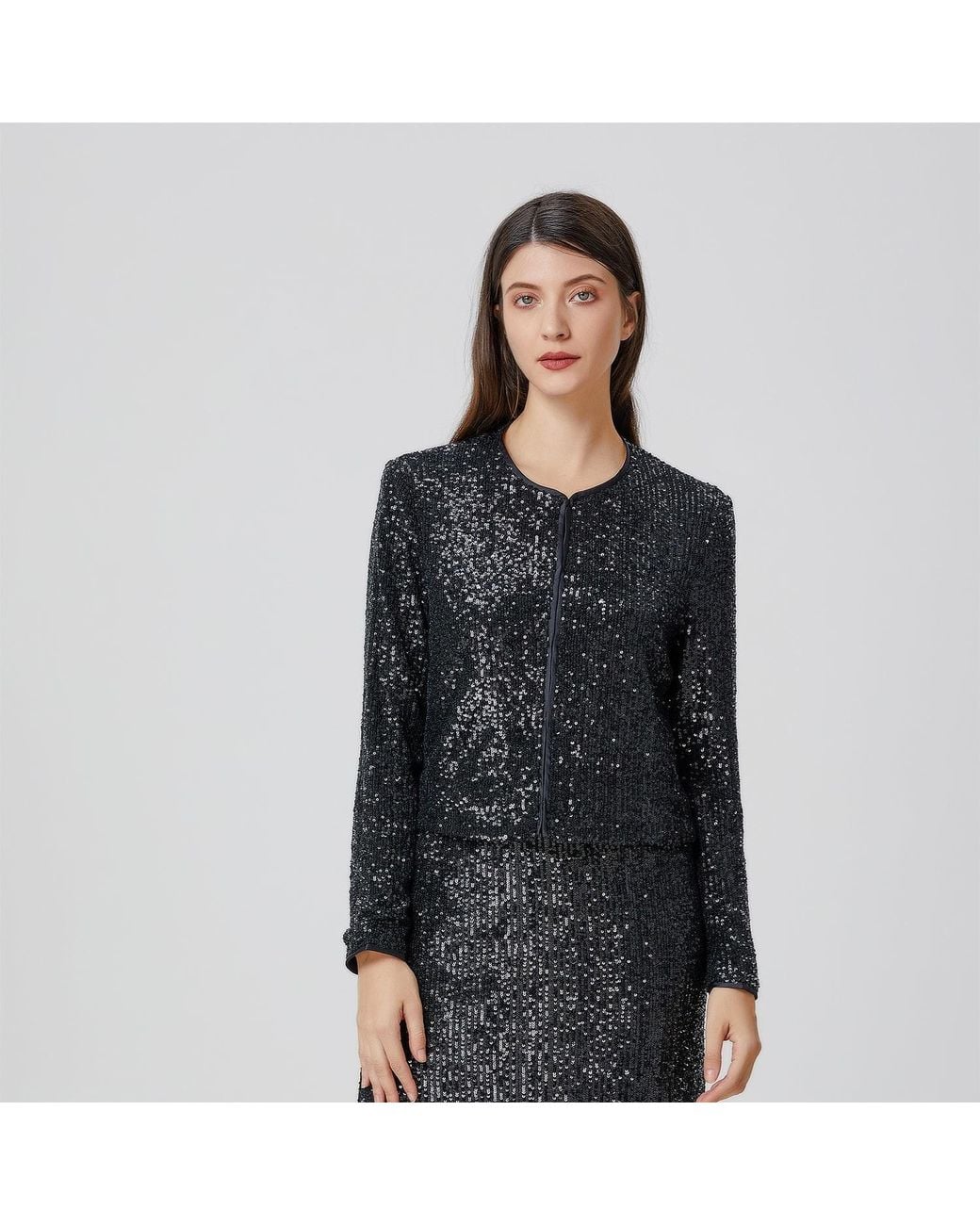 Smart and Joy Gray Rhinestone Jacket With A Round Neckline