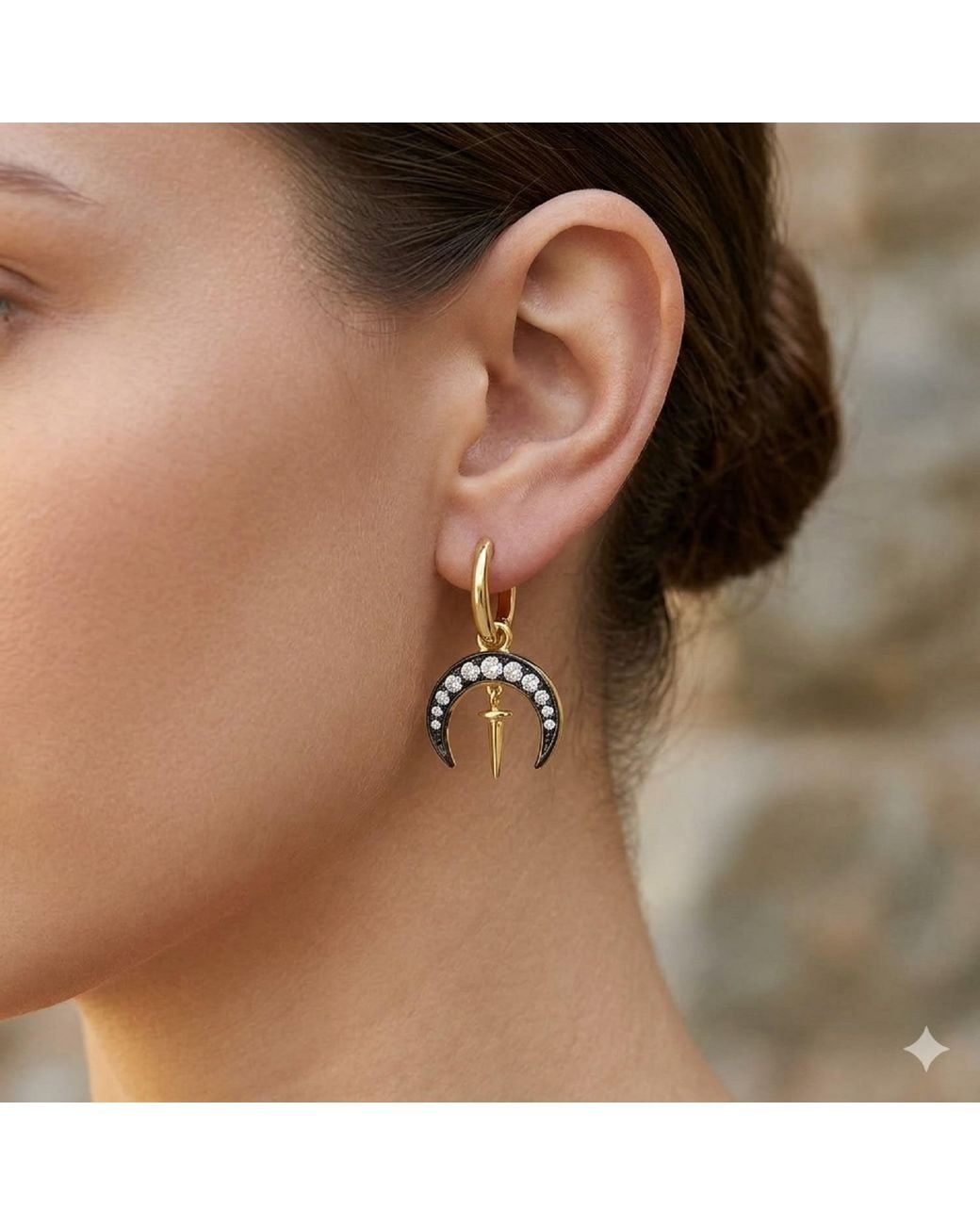 Artisan Metallic 14K Diamond Crescent Moon & Sword Hoop Earrings