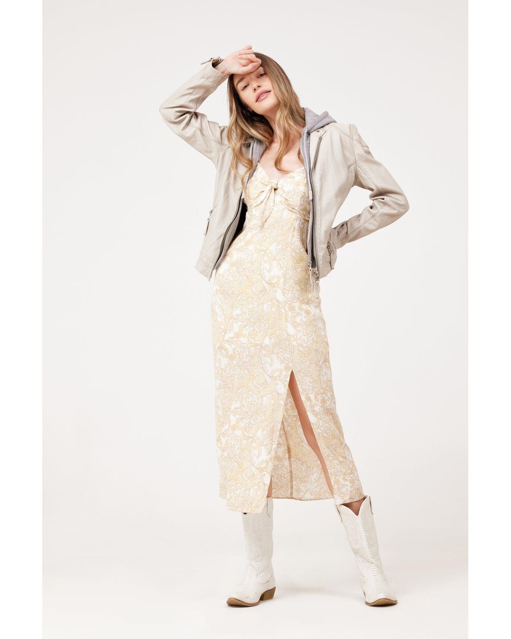 Mauritius Gray Neutrals Leather Moto Jacket Removable Hood Finja Light