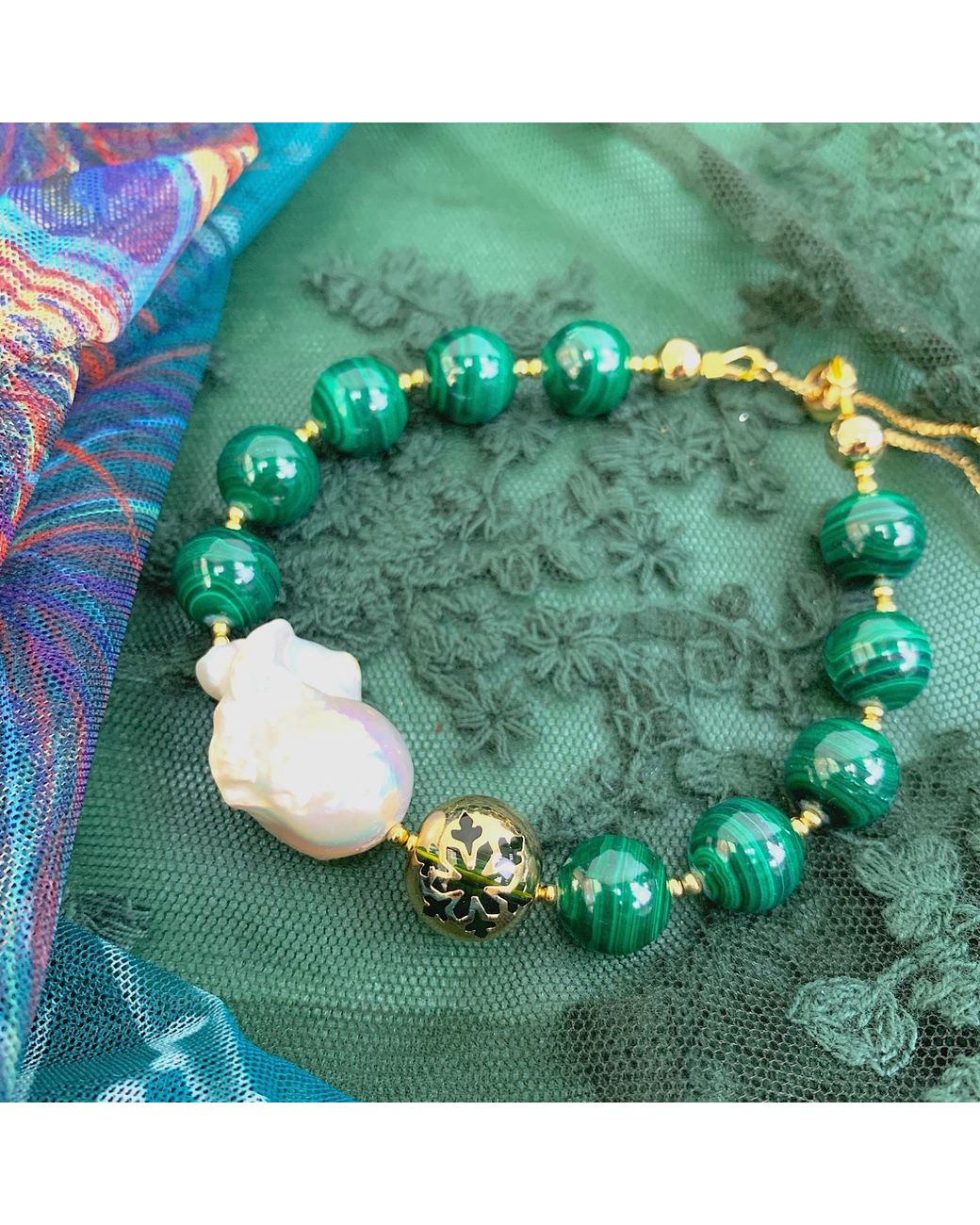 Farra Green Christmas Malachite With Baroque Pearl Adjustable Bracelet