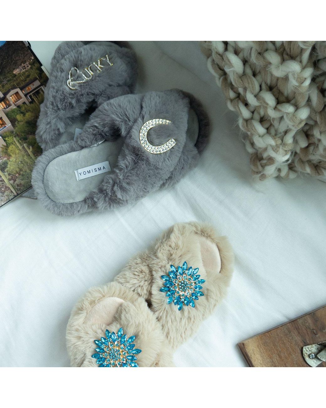 Yomisma Blue Neutrals Eco Faux Fur Slippers – Recycled Faux Fur + Removable Brooches