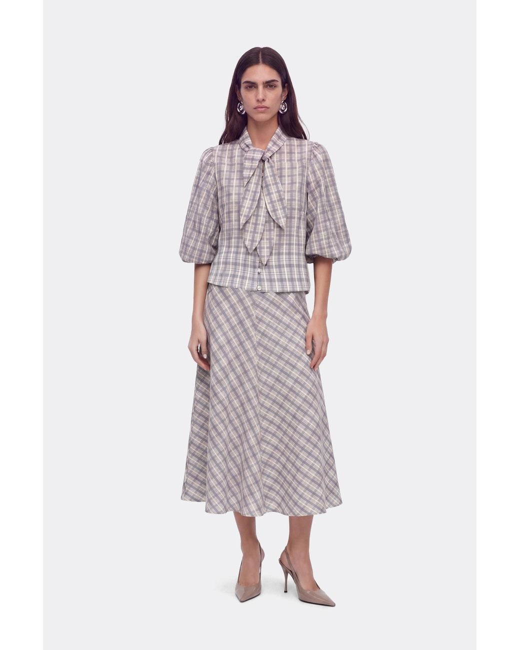 Nocturne Gray Checked Flared Midi Skirt