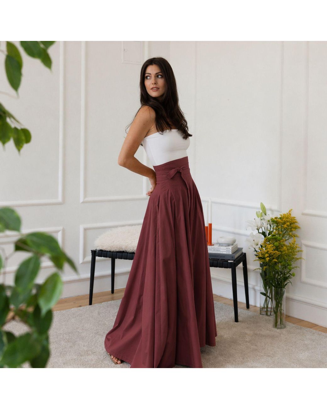 Nikka Place Red Summer Cocktail Maxi Cotton Skirt With High Waist