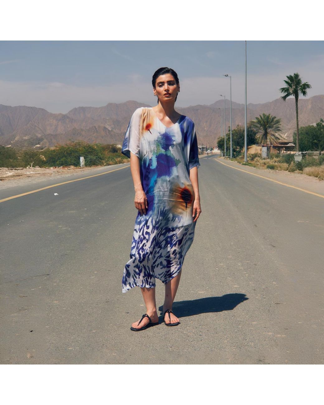 DHARA SHETH DUBAI Blue Ciel & Sand Long Kaftan Dress With Side Slits