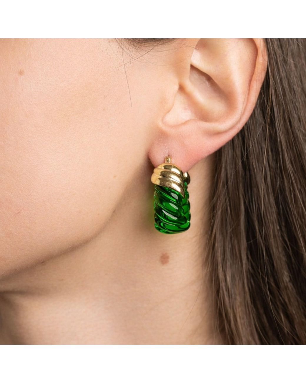 Gold & Honey Green Emerald Rope Shrimp Lucite Birthstone Hoop Earrings