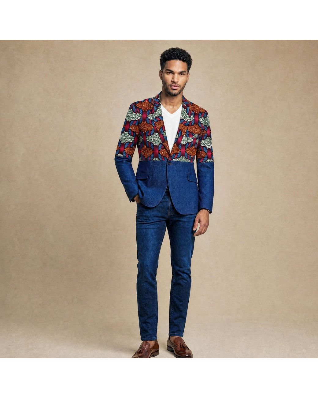Ohema Ohene Blue Denim & African Print Cotton Blazer – Split Panel for men