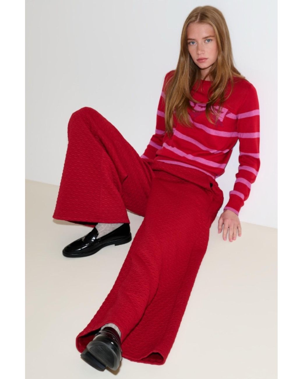 Louche Red Flory Scallop Quilt Wide Leg Trouser
