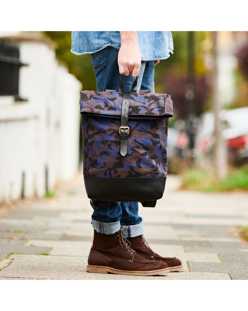 VIDA VIDA Gray Camo Canvas And Leather Roll Top Backpack