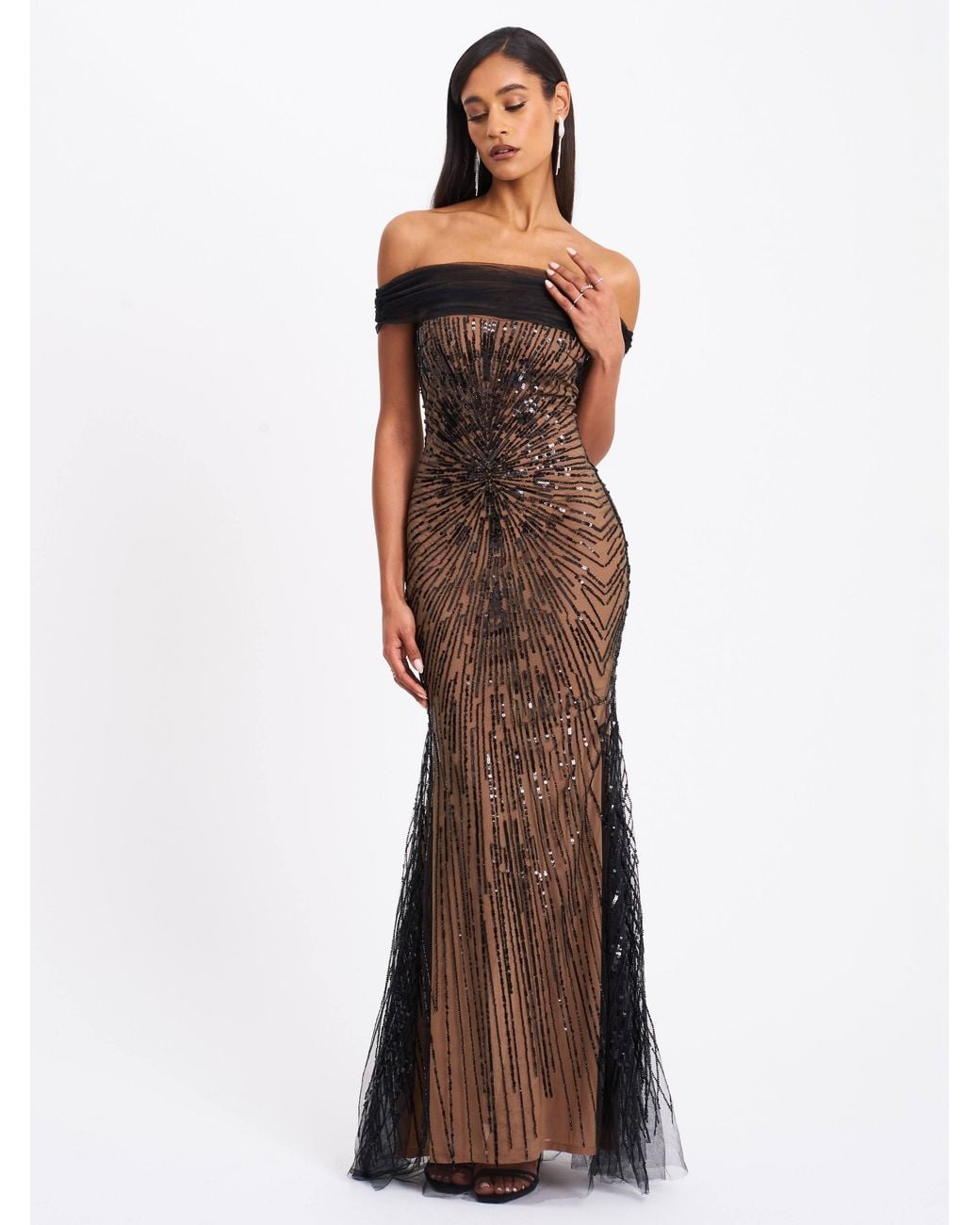 Miss Circle New York Black Qeturah Embroidered Sequin Off Shoulder Mesh Gown
