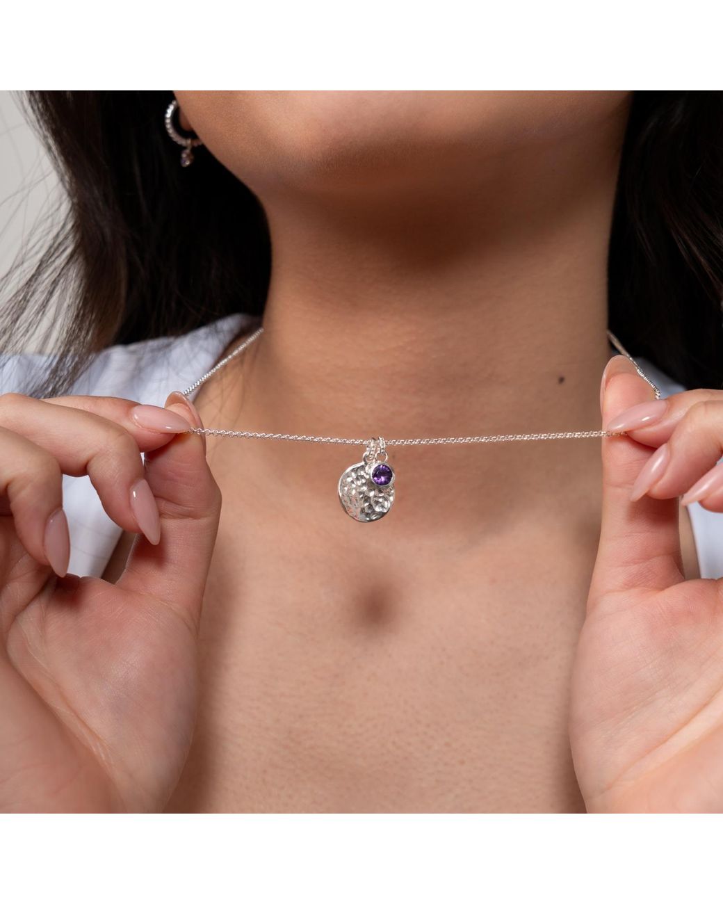Dower & Hall Metallic Hammered Disc & Amethyst Array Pendant