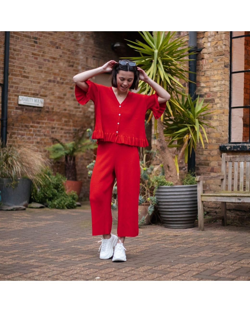 Cara & The Sky Red Marlow Ruffle Co-Ord Short Sleeve Cardigan