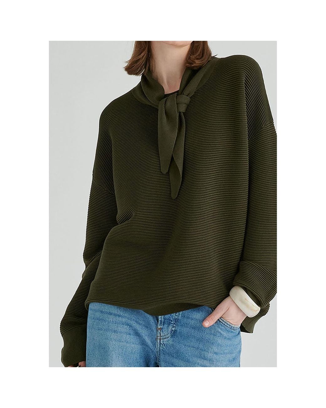 Paisie Green Ribbed Jumper With Attached Scarf Tie