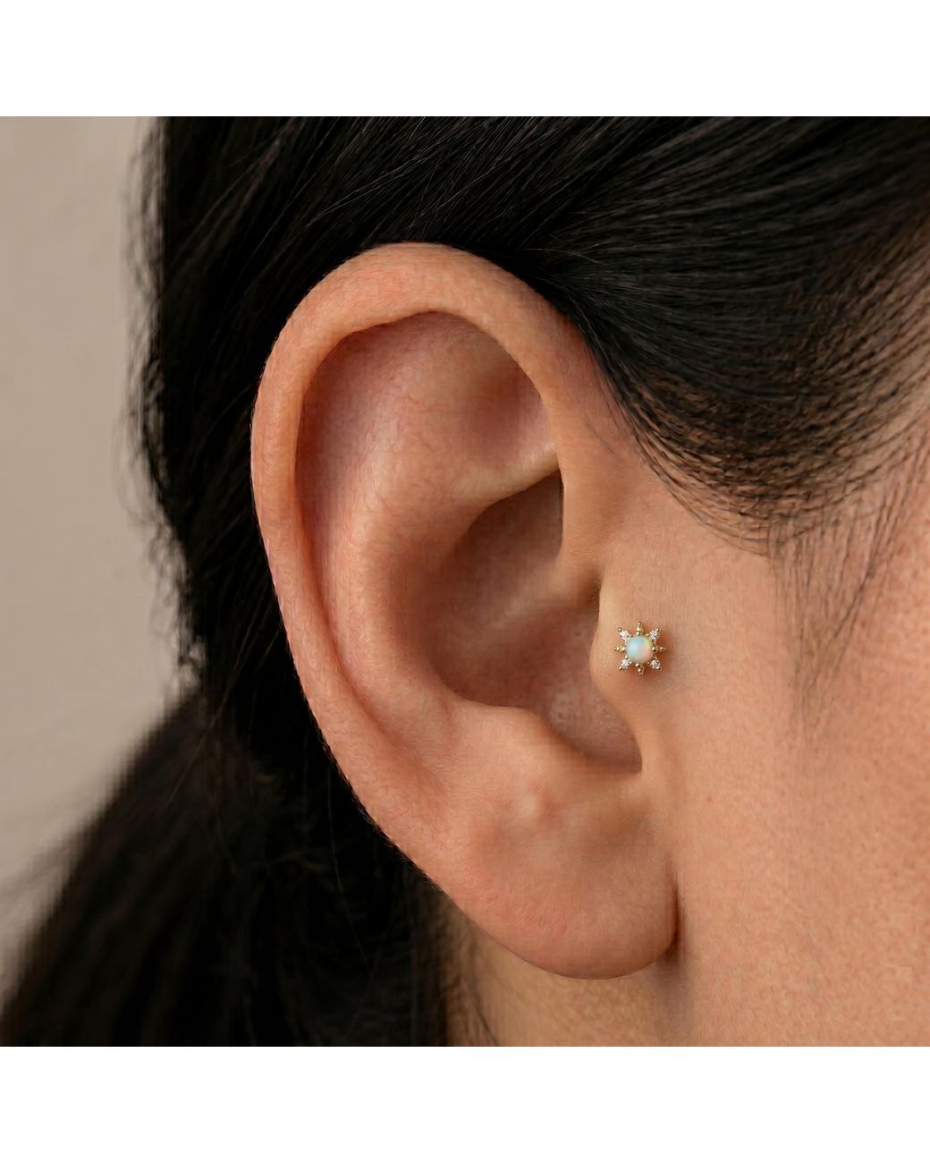Zahav Jewelry Metallic 14K Solid 18G 8Mm Star Opal & Round Cz Internally Threaded Flat Back Stud