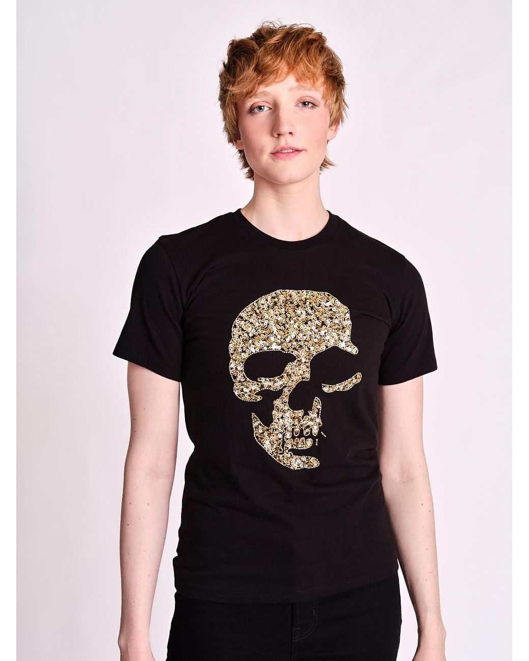 Any Old Iron Black Golden Shadow Skull Beaded T-Shirt
