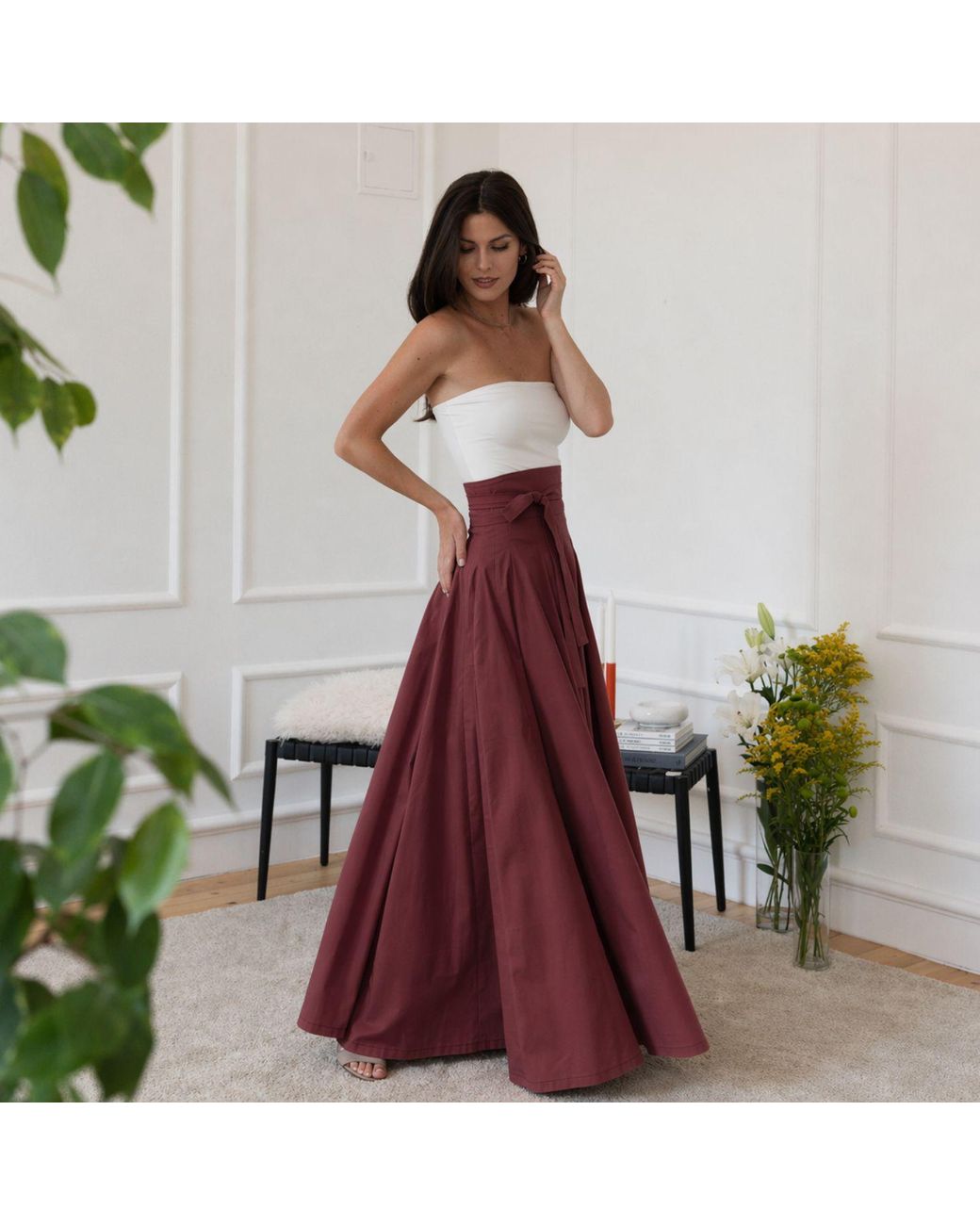 Nikka Place Red Summer Cocktail Maxi Cotton Skirt With High Waist