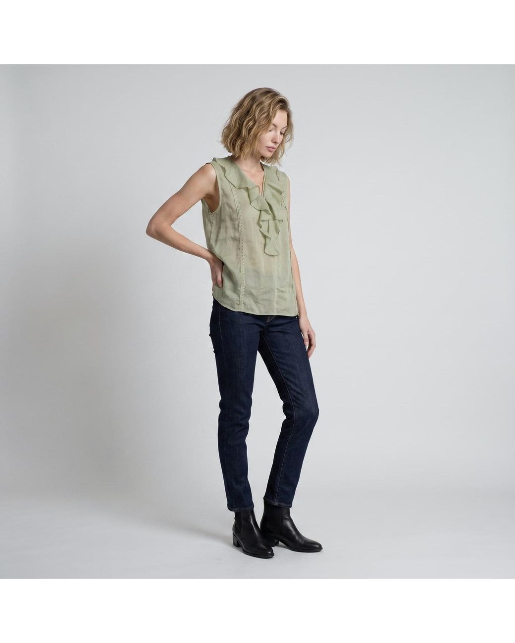Modenaire Green Sleeveless Ruffle Front Blouse With Lace Inset Trim And V Neckline