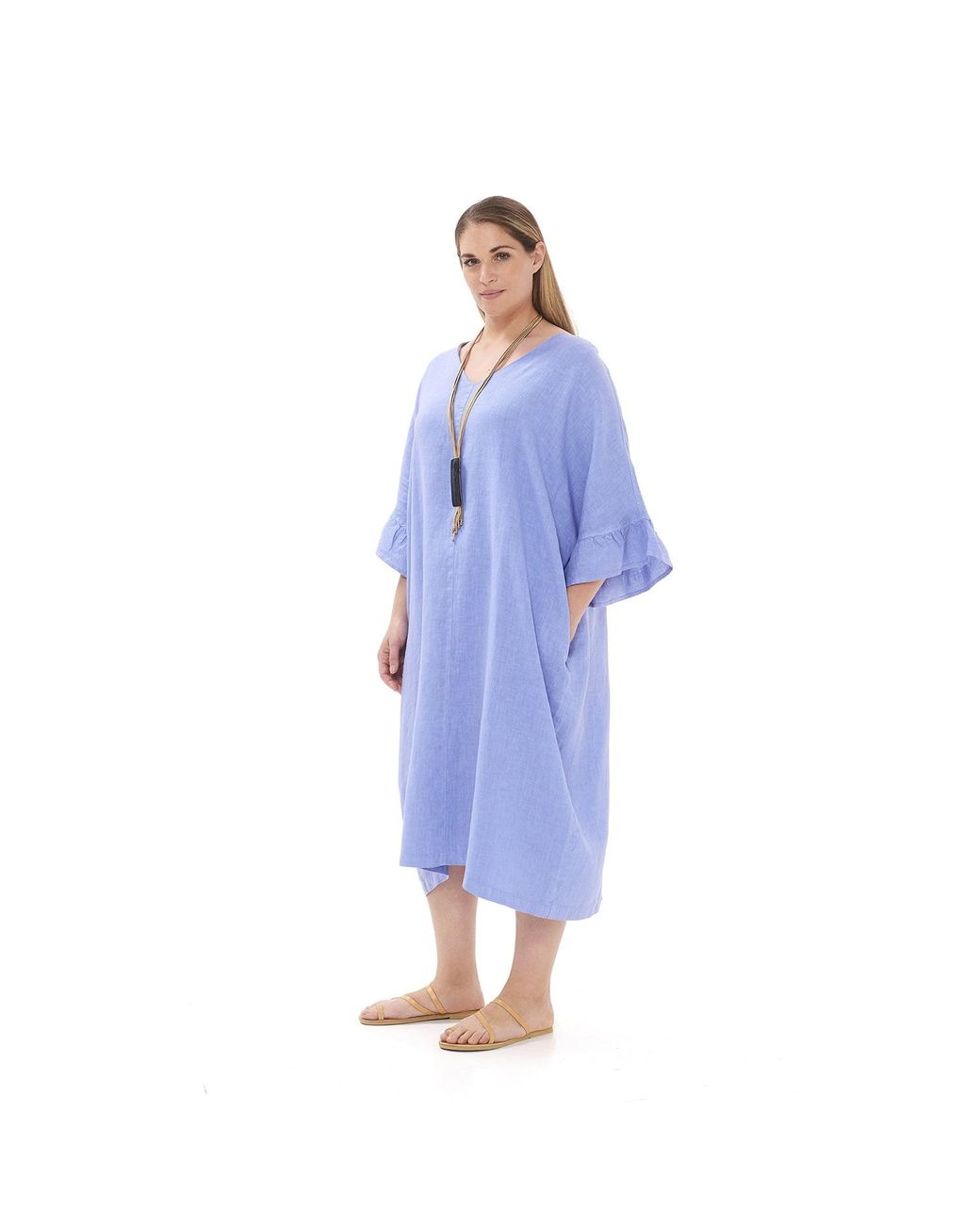 Haris Cotton Gray Cami Ruffled Sleeves Curve Linen Dress