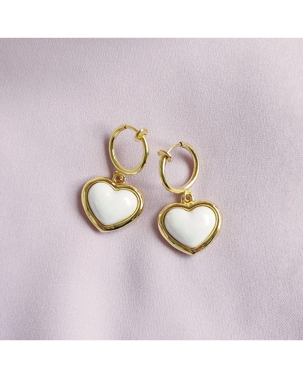 POPORCELAIN Metallic Porcelain Pearly Heart Clip-On Hoop Earrings
