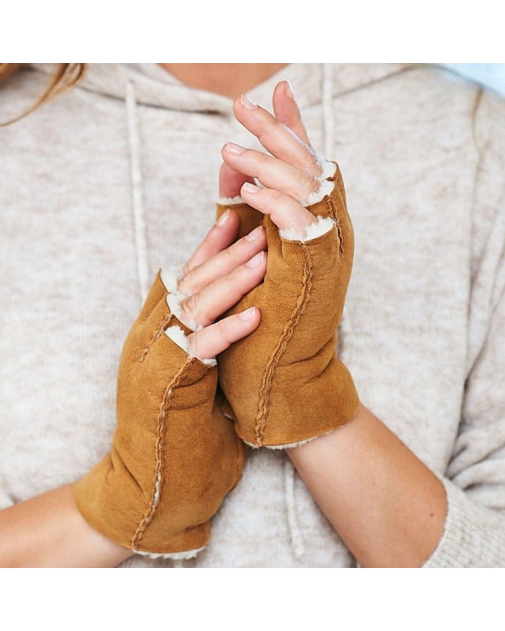 Owen Barry Brown Fingerless Gloves Brandy Cream Tan Wool