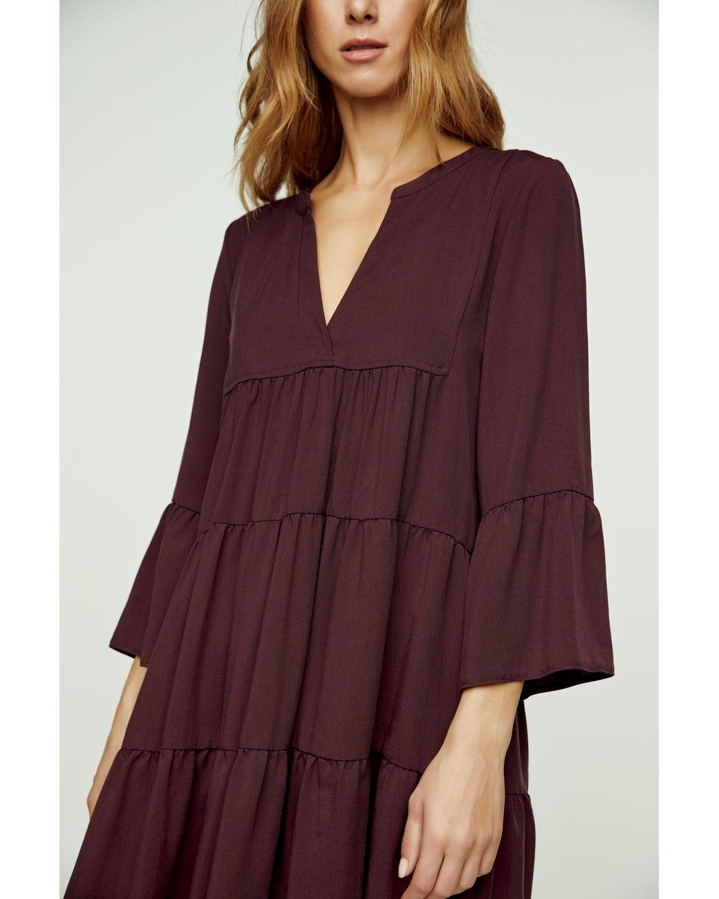 Conquista Purple Dark Burgundy Tencel Gathered Seams Dress