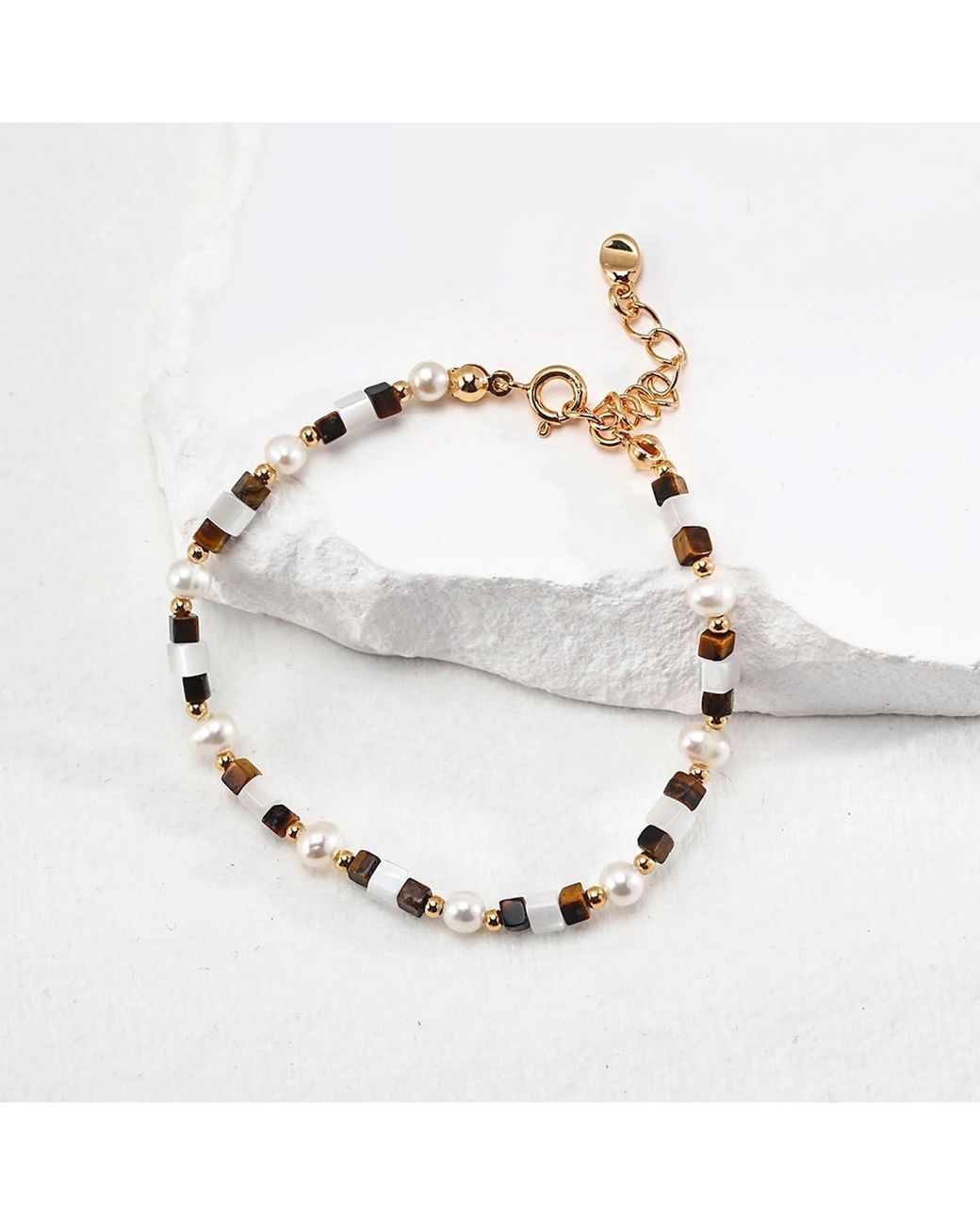 Angel Barocco Metallic Tiger Eye Gemstone Pearl Beaded Bracelet