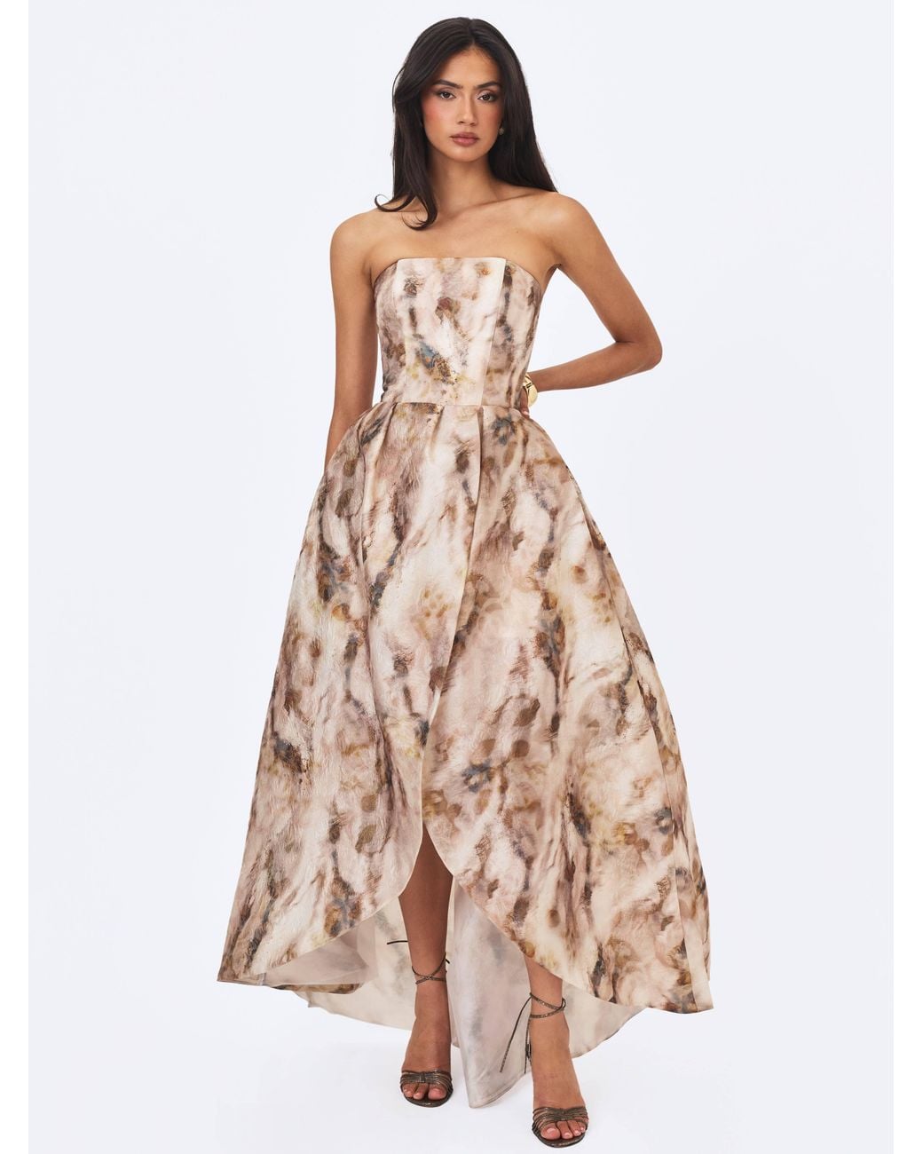 Miss Circle New York Natural Neutrals Micaela Camel Watercolor Jacquard Chiffon Dipped Hem Gown