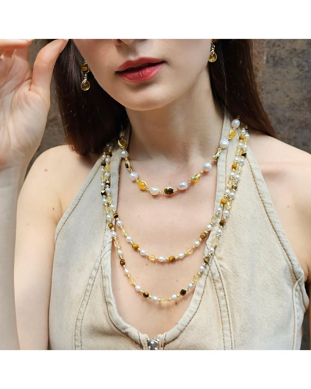 Farra Metallic Tiger-Eye And Citrine With Freshwater Pearls Long Necklace