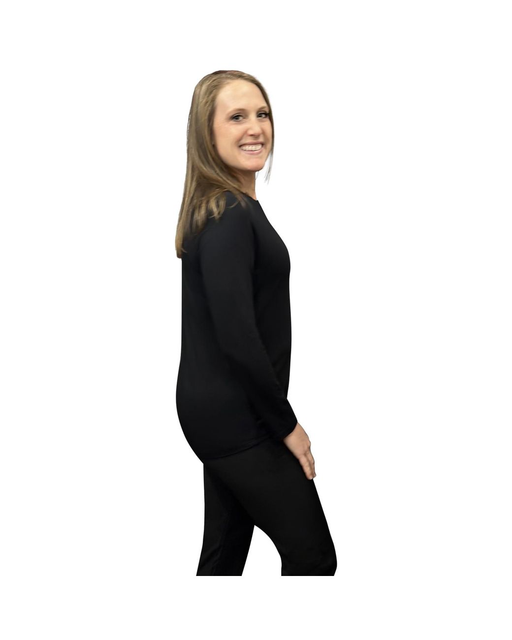 Perlavera Blue Tanya Solid Cotton Spandex Long Sleeve Length Crew Neck T-Shirt
