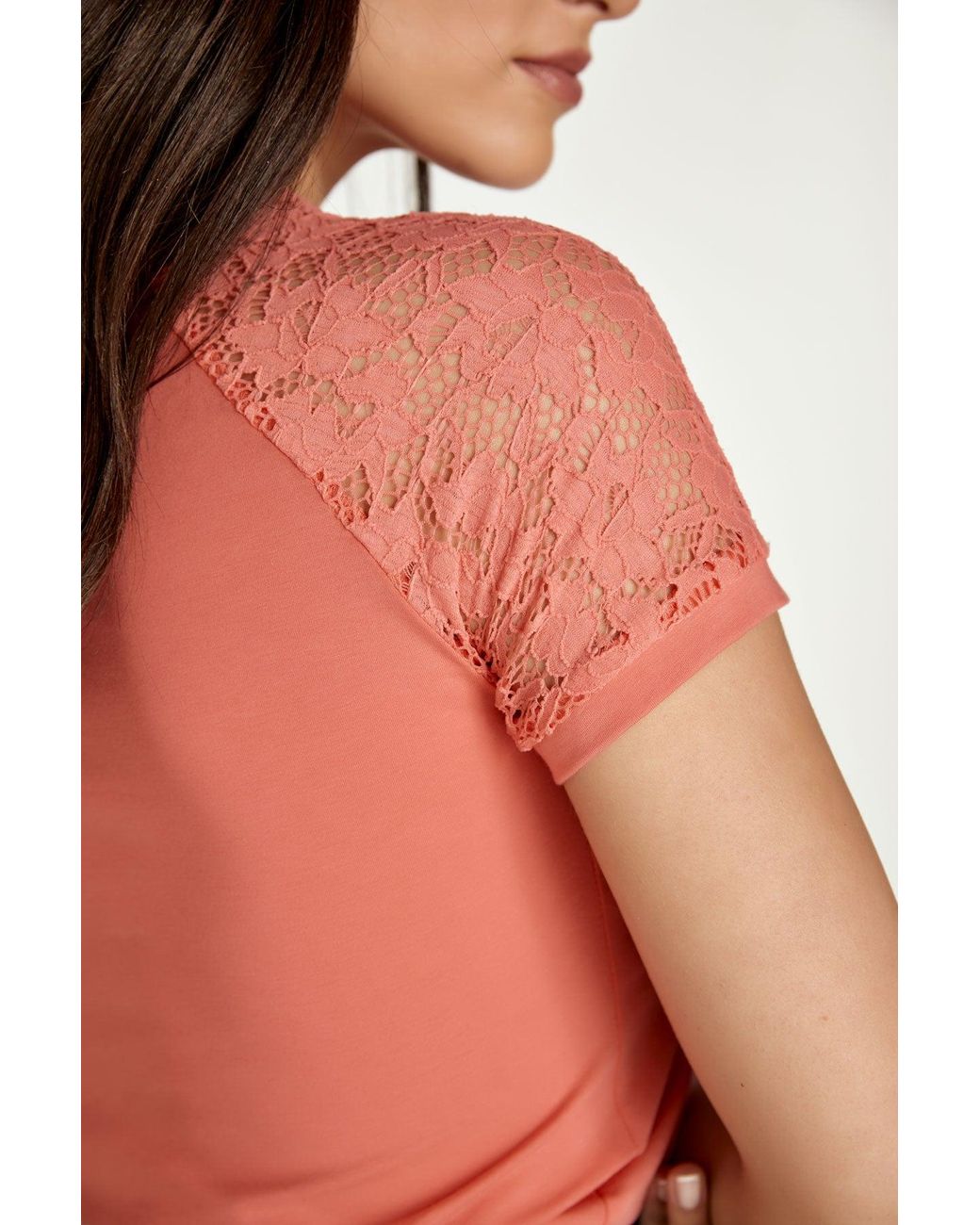Conquista Pink Coral Top With Short Lace Sleeves