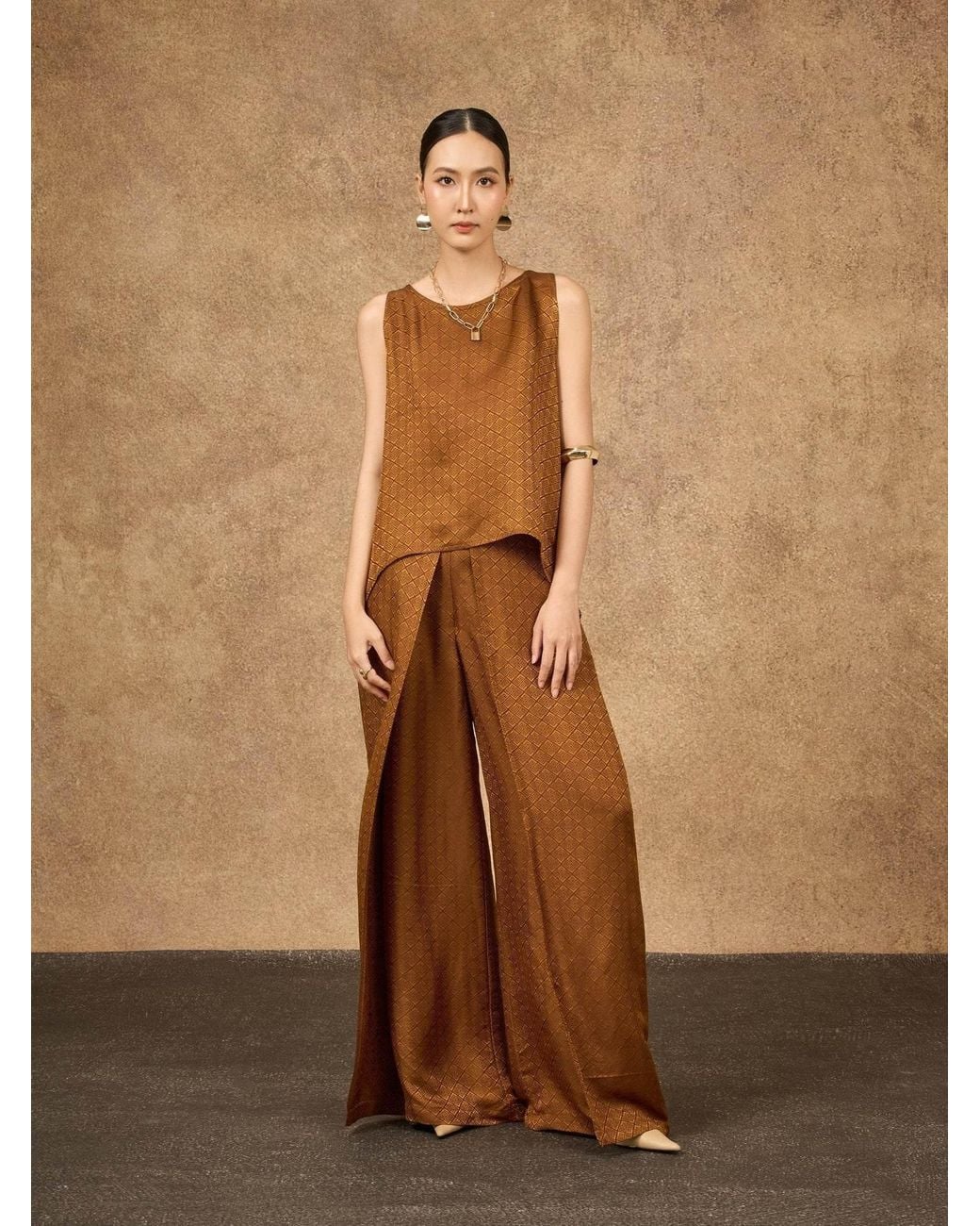 Silk and Bears Brown Ophelia Bronze Draped Silk Shell Top