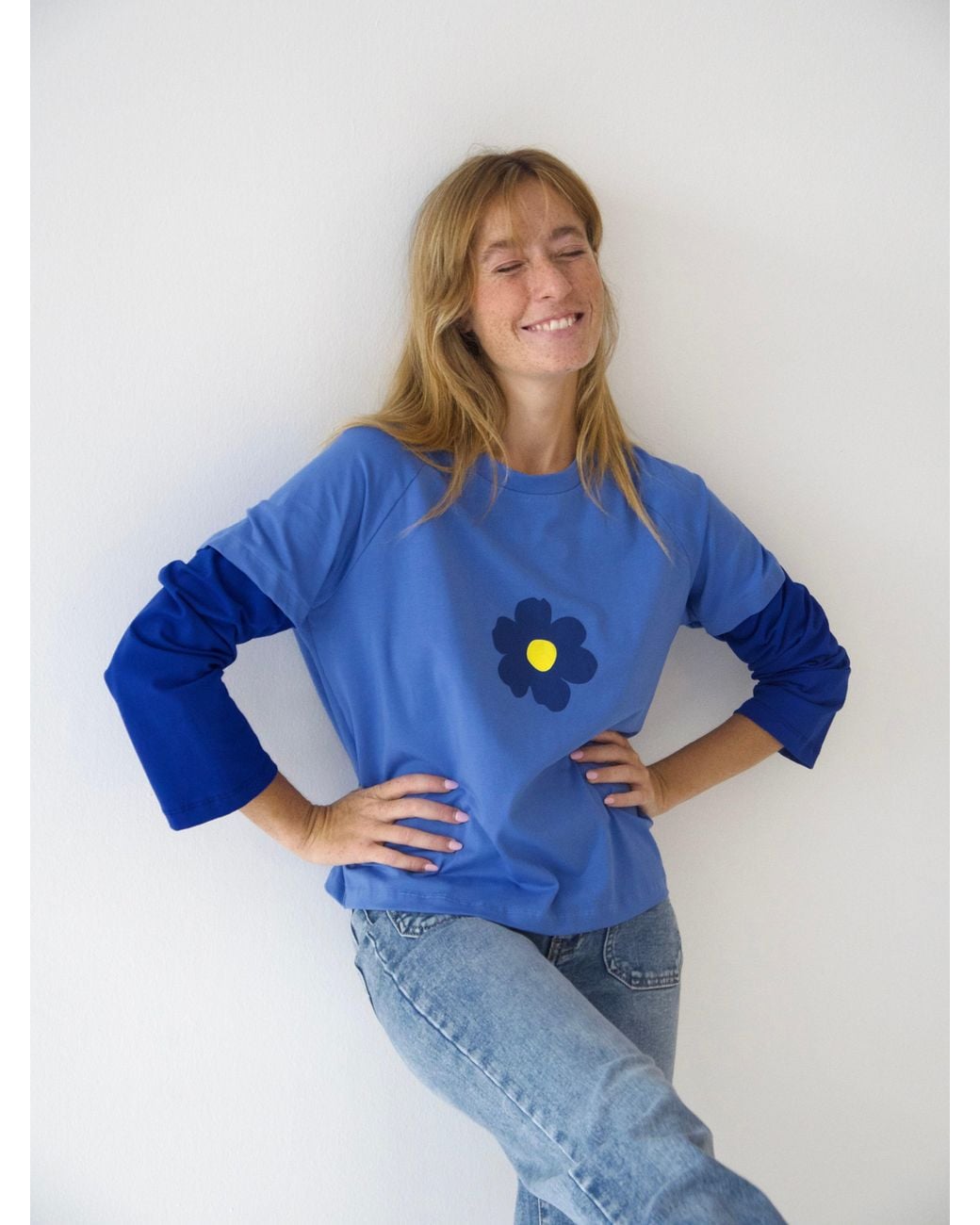 Mind Traveler Blue Double Sleeve Cropped Aria T-Shirt With Flower Detail