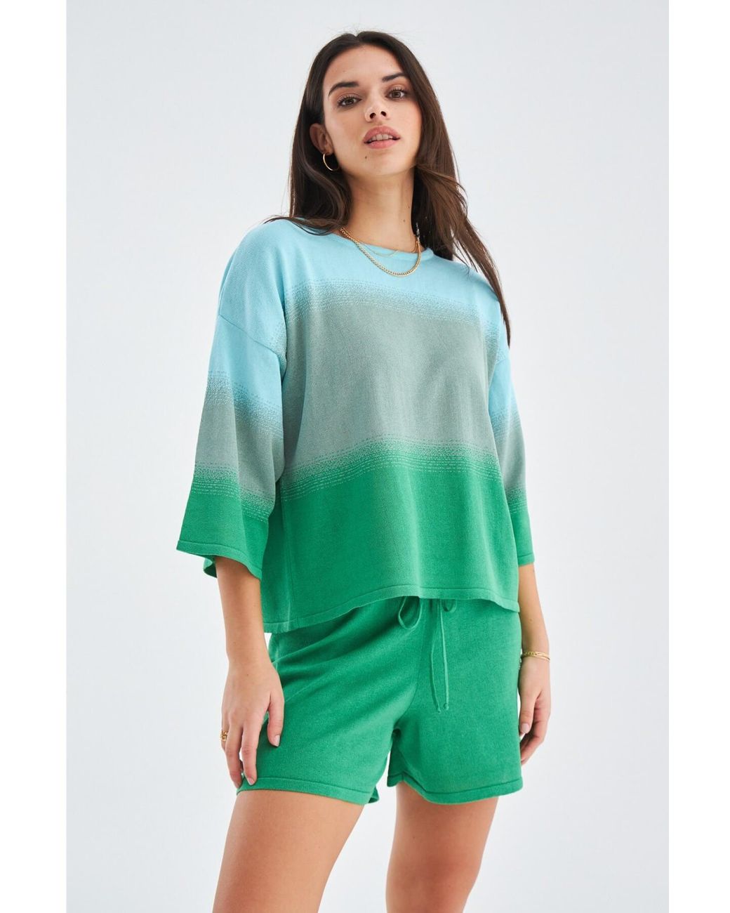 Peraluna Green Siri Knitted Blouse & Shorts Matching Set