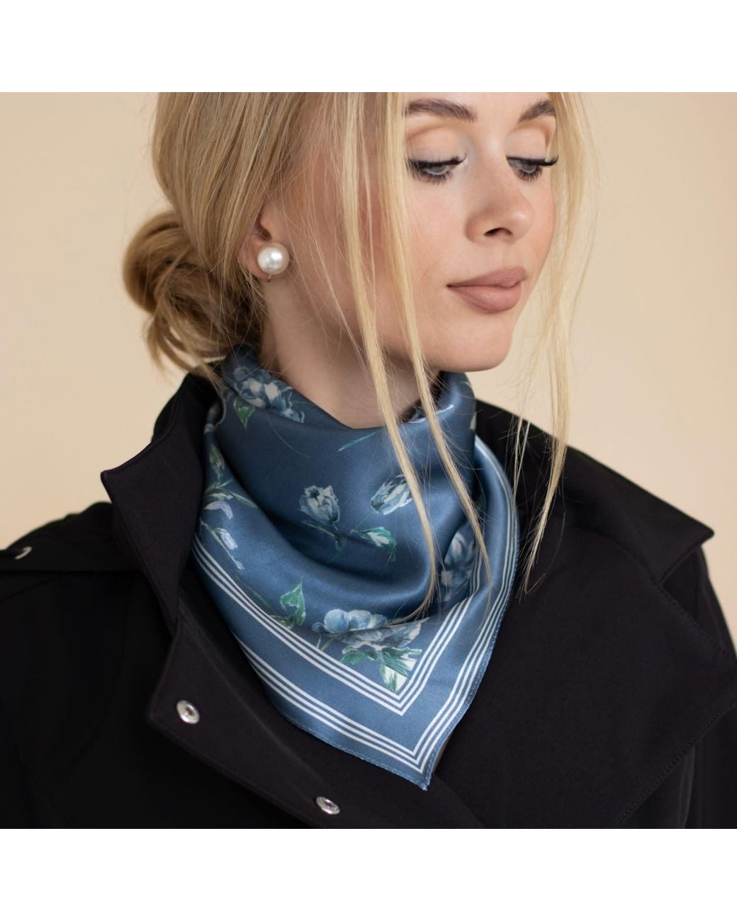 RainSisters Blue Small Floral Print Natural Silk Scarf