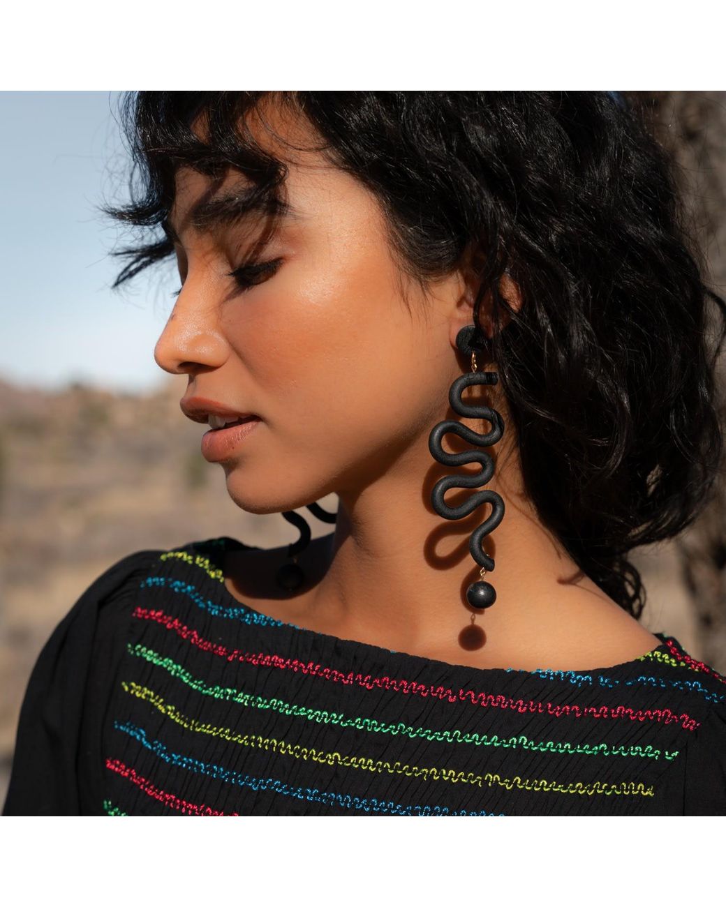 By Chavelli Black Tube Squiggles Dangly Statement Earrings