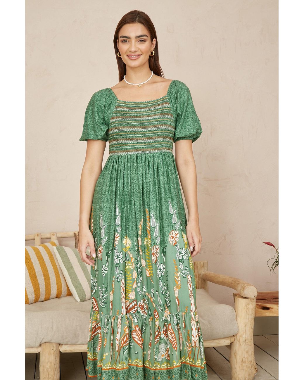 Yumi' Green Ruched Leaf Print Maxi Dress With Puff Sleeves
