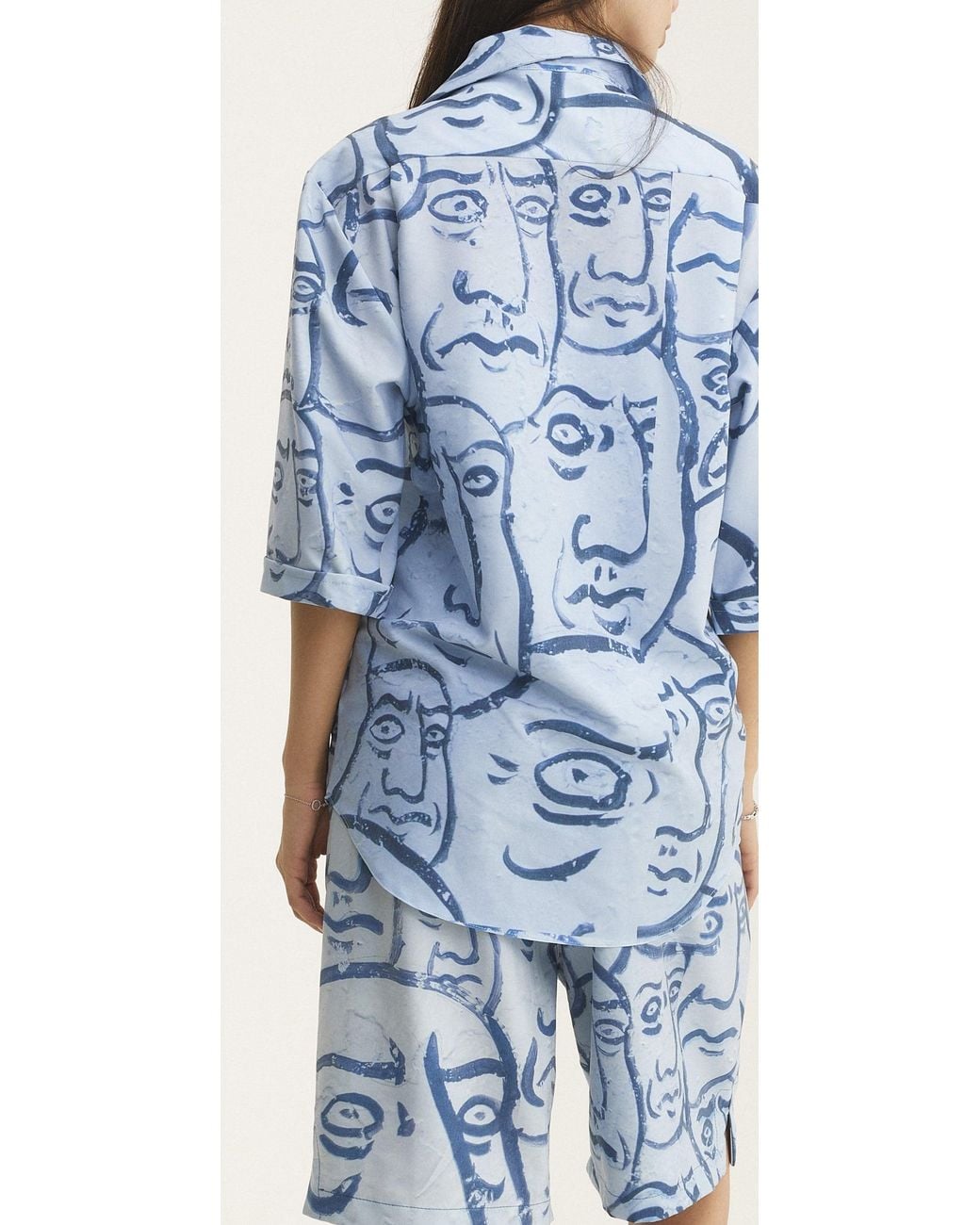 mysimplicated Blue Short Sleeve Shirt And Bermuda Set With Faces Design