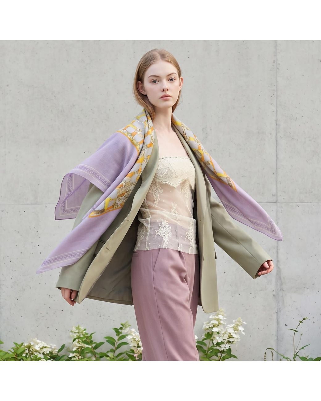 Ana Maison Purple Floral Weave Silk Wool Scarf