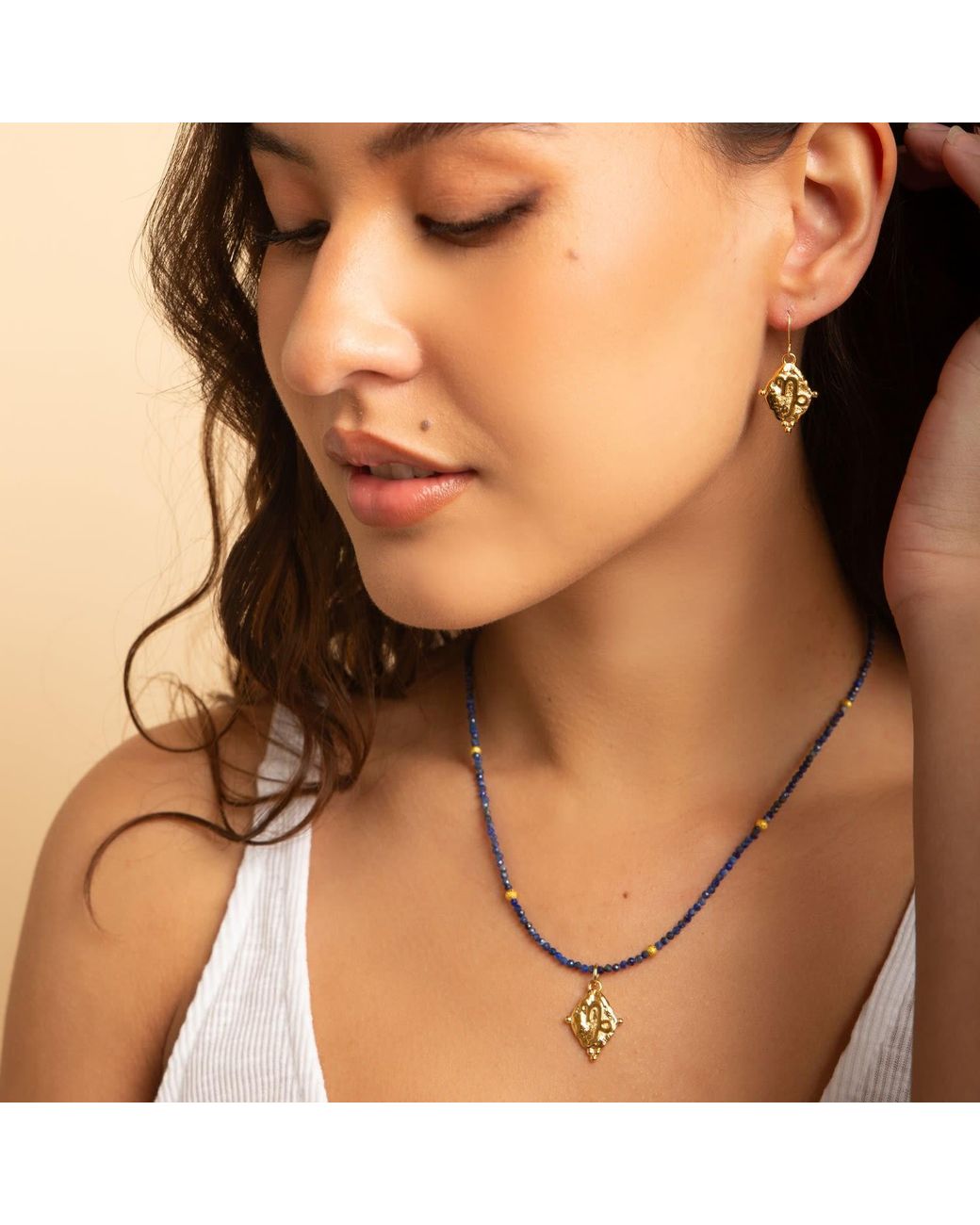 Seven Saints Metallic Capricorn Gemstone Choker Necklace, Lapis Lazuli, Rhodium Plated