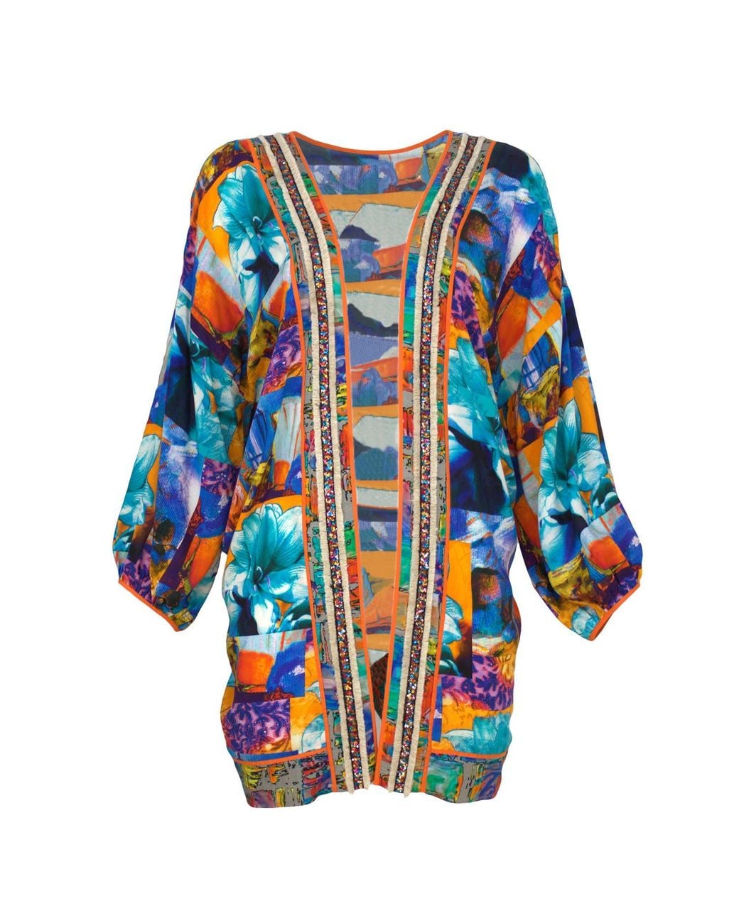 Lalipop Design Blue Colorful Flower Print Midi Kimono With Embroidery Borders