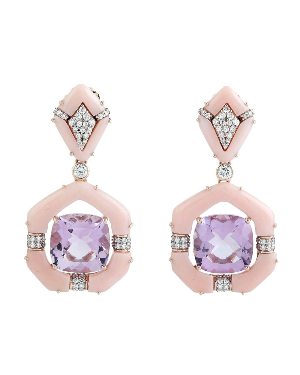Artisan Pink Amethyst, Opal & Diamond Drop Earrings