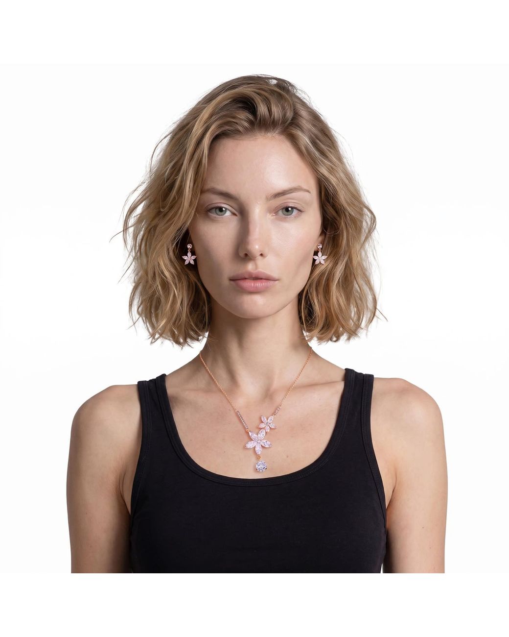 Modenaire Metallic Flower Crystal Necklace Earrings Set