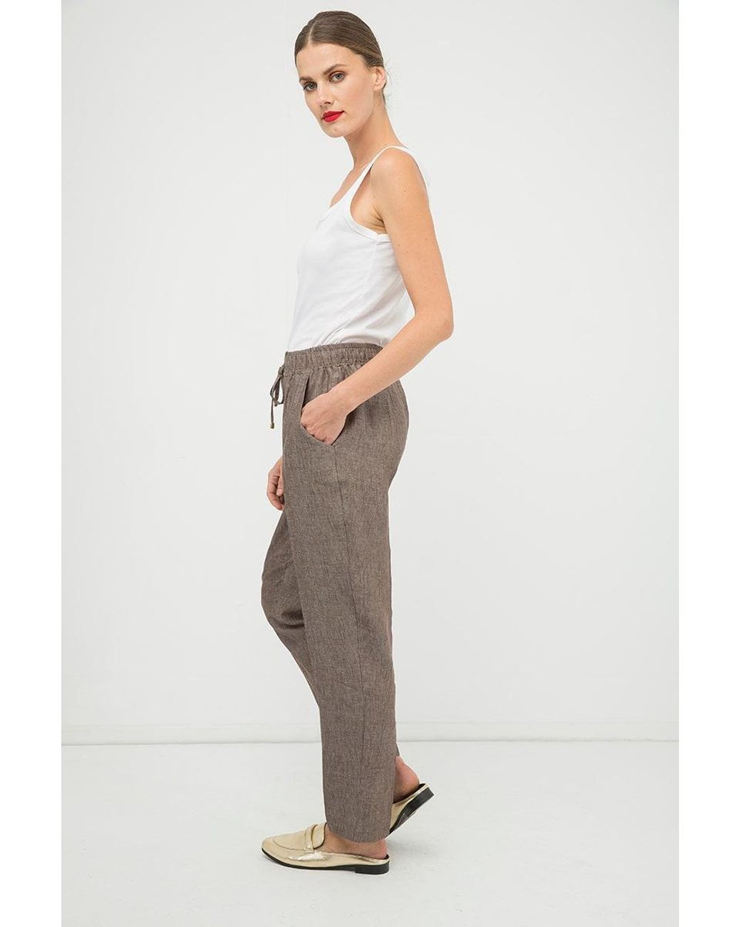 Conquista Brown Long Linen Pants With Tie Detail