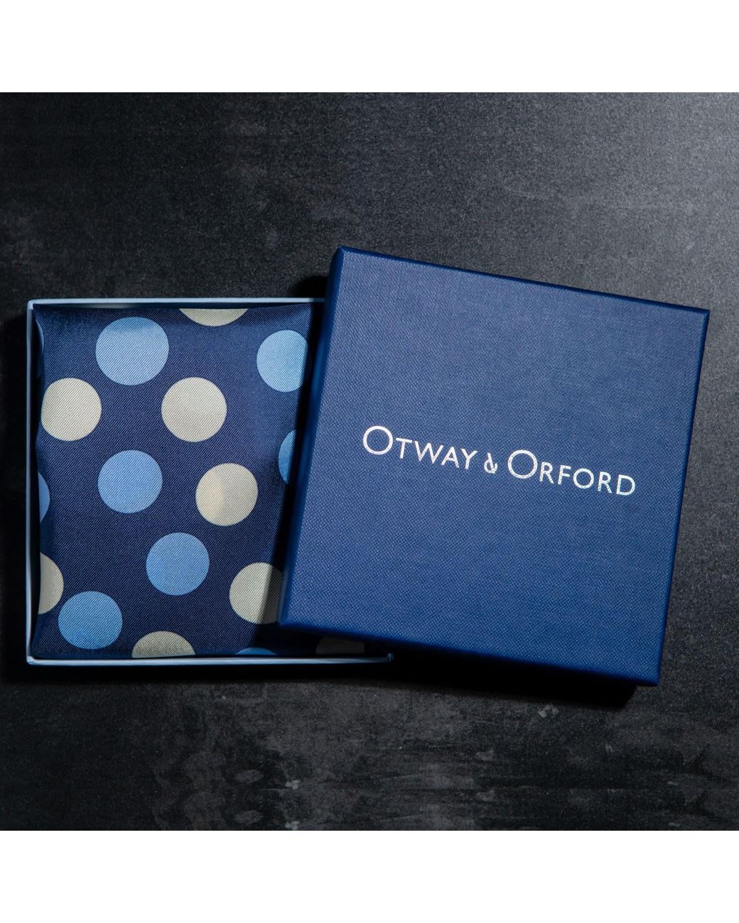Otway & Orford Blue 'Planetarium' Polka Dot Silk Pocket Square for men