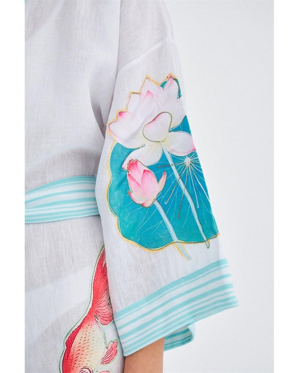 Peraluna Blue Lotus Flower And Fish Applique Linen Kimono